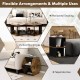 Hexagonal side end tables shown in various arrangements, ideal for living room or office use, with open storage.