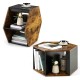 Hexagonal side end tables in two orientations, featuring open storage compartments for versatile use in living spaces.