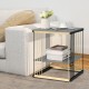 Square gray metal side table with removable shelf, featuring a gold fence frame, ideal for small spaces and elegant.