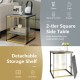 2-tier square side table in gray with removable shelf, featuring a stylish black and gold design for versatile use.