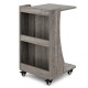 C-shaped gray rolling end table with 2-tier shelves and compartments, ideal for small spaces and versatile use.