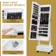 Rolling floor standing jewelry armoire in white with LED lights, lockable design, and full-length mirror for elegant.