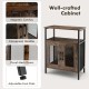 Industrial sideboard buffet cabinet in rustic brown with metal mesh doors, removable wine rack, and adjustable foot.