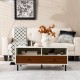 Modern rectangle coffee table with white and wood color blocking, featuring 2 shelves and 2 drawers for stylish storage.