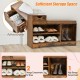 Entryway storage shoe bench in rustic brown with 1 drawer and 3 open compartments for organized shoe storage.