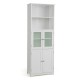 Freestanding white bathroom cabinet with 2 open shelves, 2 glass-door cabinets, and adjustable shelves for versatile.