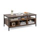 3-tier industrial style coffee table with storage cubbies and heavy-duty metal frame, perfect for family gatherings.