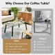 Modern tempered glass coffee table with metal frame, featuring a spacious top and sturdy legs for living room use.