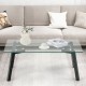 Modern tempered glass coffee table with metal frame, featuring a spacious top and stylish design for living room use.