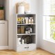 Four-tier wood bookcase in white with a storage drawer, ideal for organizing items in a bedroom or living room.
