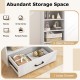 White 48-inch tall wood bookcase featuring 3 open shelves and 1 large drawer, ideal for bedroom or living room storage.