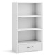 White 48-inch tall wood bookcase featuring 4 tiers and a storage drawer, ideal for bedroom or living room organization.