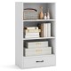 White 48-inch tall wood bookcase with four tiers, featuring a storage drawer and decorative items for versatile use.