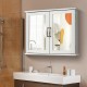 Wall-mounted white bathroom storage cabinet with double mirrored doors and metal handles, ideal for organizing.