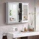 Wall-mounted white 2-tier bathroom storage cabinet with double mirrored doors and metal handles for organizing.