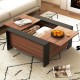 Walnut coffee table with sliding top and hidden compartment, perfect for organizing items in living rooms or cafes.