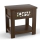 Wood retro end table in brown with mirrored glass drawer and open storage shelf, perfect for small spaces and stylish.