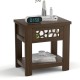Wood retro end table in brown with mirrored glass drawer and open storage shelf, perfect for compact spaces.
