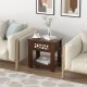 Wood retro end table in brown with mirrored glass drawer and open storage shelf, perfect for small spaces.