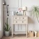 Narrow beige console table with three storage drawers and open bottom shelf, perfect for entryways or small spaces.