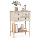 Narrow beige console table with three storage drawers and open bottom shelf, perfect for small spaces and entryways.