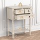 Narrow beige console table with three storage drawers and open bottom shelf, ideal for entryway or small spaces.