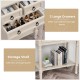 Narrow console table in beige featuring three large drawers and an open bottom shelf for versatile storage solutions.