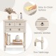 Narrow beige console table with three storage drawers, open bottom shelf, and easy-to-clean surface for small spaces.