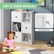 3-tier white bookshelf with anti-toppling device, featuring smooth metal sliders and non-slip foot pads for safety.