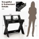 Small black computer desk with storage drawer, raised monitor shelf, and solid X-shaped legs for stability and.