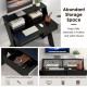 Small black computer desk featuring a raised monitor stand, practical pull-out drawer, and solid X-shaped legs for.
