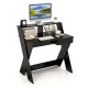 Small black computer desk with storage drawer, raised monitor stand, and X-shaped legs for stability in home office.