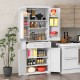 Freestanding 72-inch white kitchen pantry cabinet with four doors, adjustable shelves, and modern design for versatile.