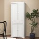 Freestanding white kitchen pantry cabinet with 4 doors, adjustable shelves, and a drawer for versatile storage.