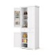Freestanding 72-inch white kitchen pantry cabinet with four doors, adjustable shelves, and a sleek modern design for.