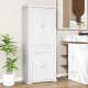 Freestanding white kitchen pantry cabinet with four doors, adjustable shelves, and sleek modern design for versatile.