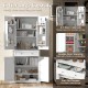 Freestanding white kitchen pantry cabinet with 4 doors, adjustable shelves, and pull-out drawer for versatile storage.