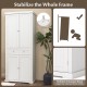 Freestanding white kitchen pantry cabinet with four doors, adjustable shelves, and anti-tipping features for secure.