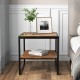Rustic brown 2-tier end table with metal frame, perfect for living room or bedroom, featuring open storage space.