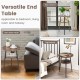2-tier round end table with open shelf, walnut finish, triangular metal frame, ideal for living room or bedroom use.