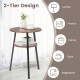 2-Tier round end table with walnut finish and triangular metal frame, ideal for living room or bedroom storage.