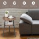 Round end table with walnut finish, triangular metal frame, and open shelves, ideal for living room or bedroom use.