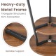 Close-up of the 2-tier round end table's triangular metal frame and walnut shelves, offering reliable support and.