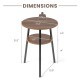2-tier round end table with walnut finish, triangular metal frame, dimensions shown for living room or bedroom use.