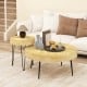 Set of 2 solid wood farmhouse round coffee tables with natural finish and metal legs, ideal for living room decor.
