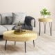 Natural solid wood round coffee tables with ripple pattern, sturdy metal legs, perfect for living room or bedroom use.