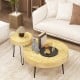 Set of 2 solid wood farmhouse round coffee tables with natural finish, featuring unique ripple pattern and sturdy metal.