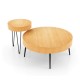 Two wooden coffee tables with radial pattern, featuring sturdy metal legs and adjustable foot pads for versatile use.