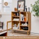 Rattan buffet cabinet with 2 doors and 2 cubbies in natural wood, perfect for kitchen or living room storage.