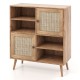 Natural rattan buffet cabinet featuring 2 doors, 2 open cubbies, and solid wood construction for versatile storage.